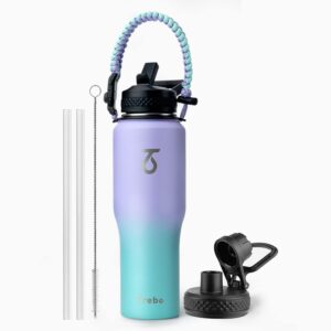 trebo 32oz insulated water bottle that fits in cup holder, stainless steel double wall tumbler bottles with paracord handle, flask with straw spout lids, keep cold for 48 hrs/hot 24 hrs,cotton candy