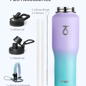 Trebo 32oz Insulated Water Bottle that Fits in Cup Holder, Stainless Steel Double Wall Tumbler Bottles with Paracord Handle, Flask with Straw Spout Lids, Keep Cold for 48 Hrs/Hot 24 Hrs,Cotton Candy