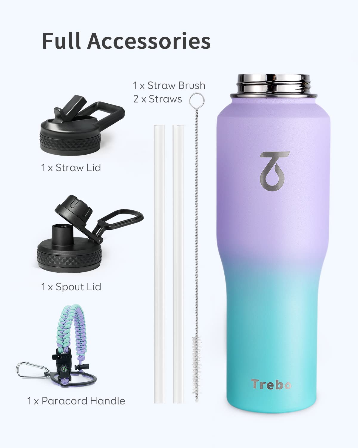 Trebo 32oz Insulated Water Bottle that Fits in Cup Holder, Stainless Steel Double Wall Tumbler Bottles with Paracord Handle, Flask with Straw Spout Lids, Keep Cold for 48 Hrs/Hot 24 Hrs,Cotton Candy