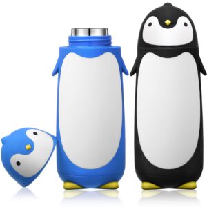 penguin water bottle 2 pieces 9.5 oz stainless steel penguin cartoon water bottle funny travel mug insulated vacuum water bottle travel coffee mug for coffee tea beverages travel, black and blue