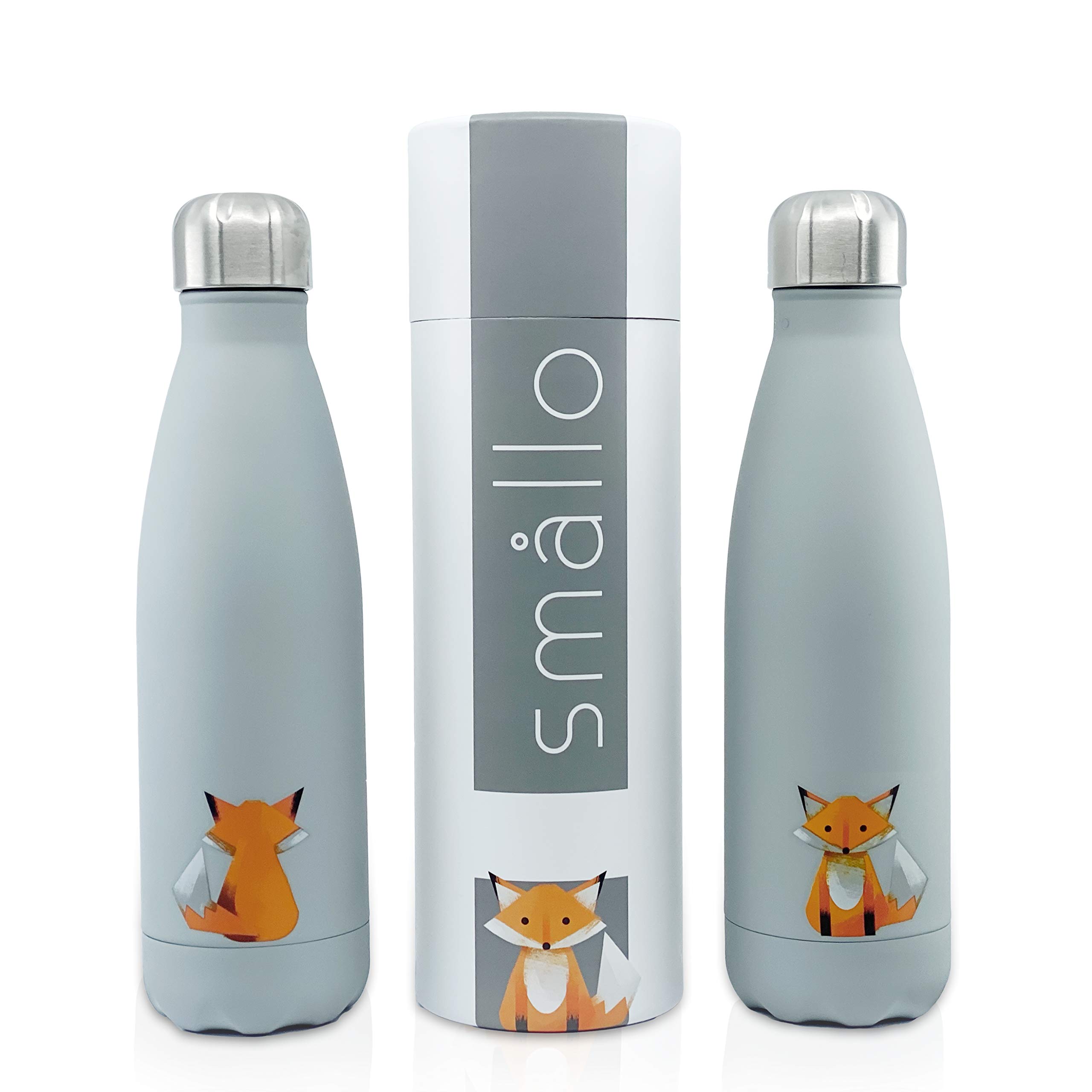 smållo | Water Bottle with Cute Fox Design | Stainless Steel | Double Wall Insulated | Grey | 17oz