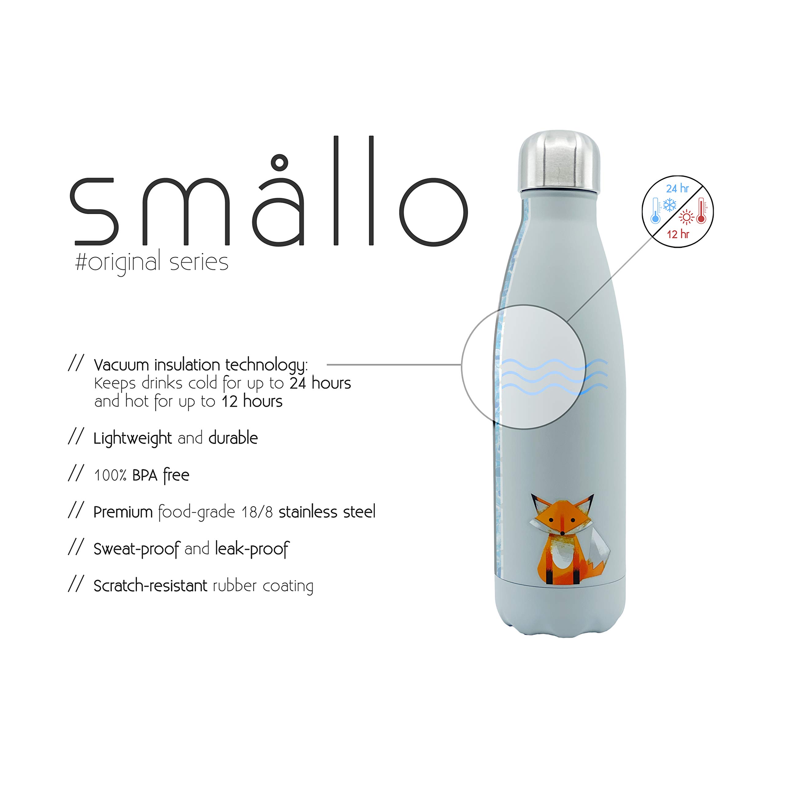 smållo | Water Bottle with Cute Fox Design | Stainless Steel | Double Wall Insulated | Grey | 17oz