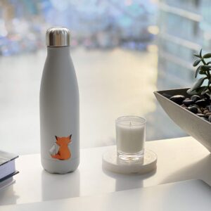 smållo | Water Bottle with Cute Fox Design | Stainless Steel | Double Wall Insulated | Grey | 17oz