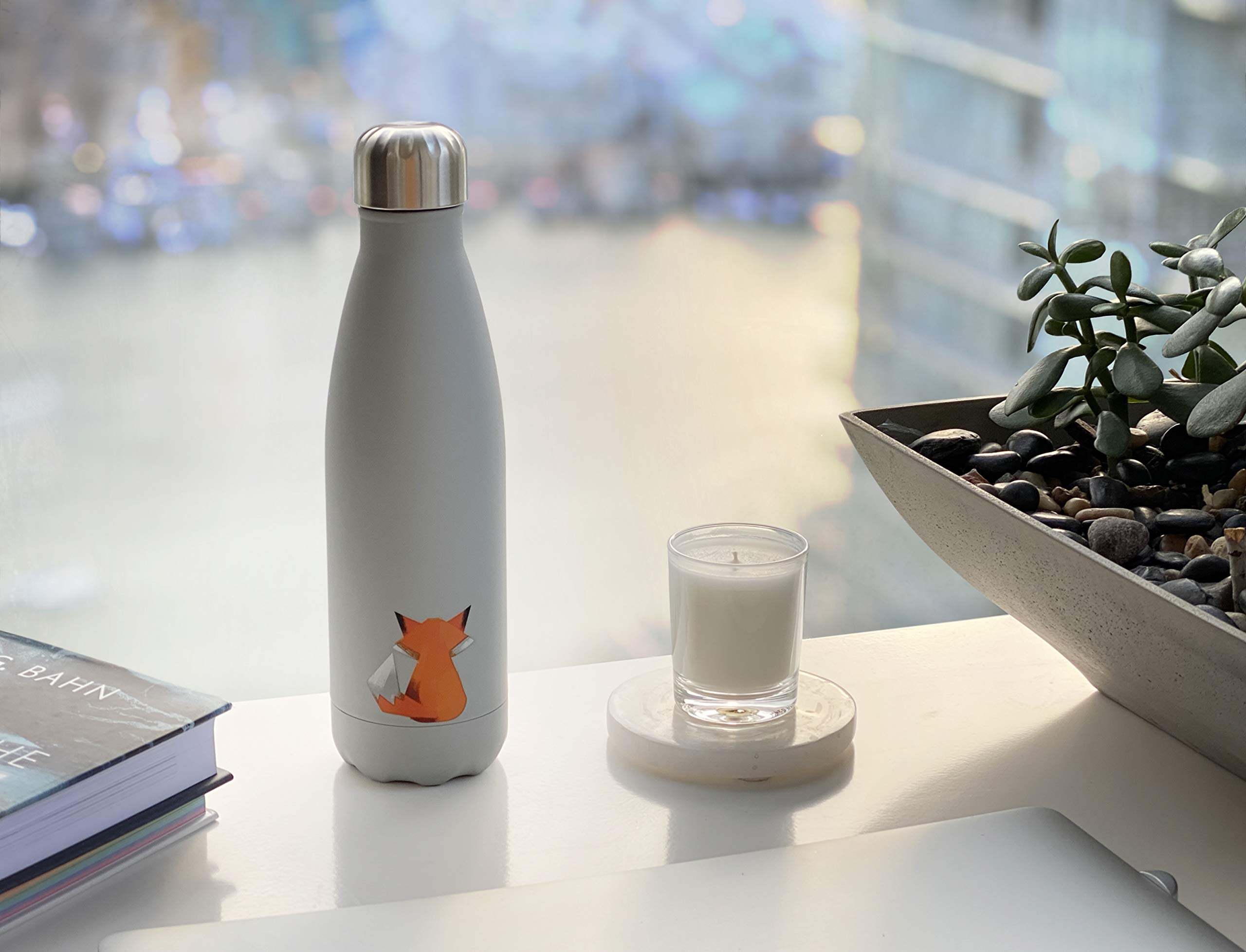 smållo | Water Bottle with Cute Fox Design | Stainless Steel | Double Wall Insulated | Grey | 17oz