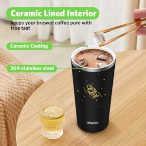 ulwae Insulated Coffee Mug with Ceramic Coating, 18oz Travel Mug with Leak-proof Lid, Vacuum Double-wall Tumbler, Stainless Steel Thermal Cup for Tea, Hot Cocoa, Cold Beverage, Ice Drinks