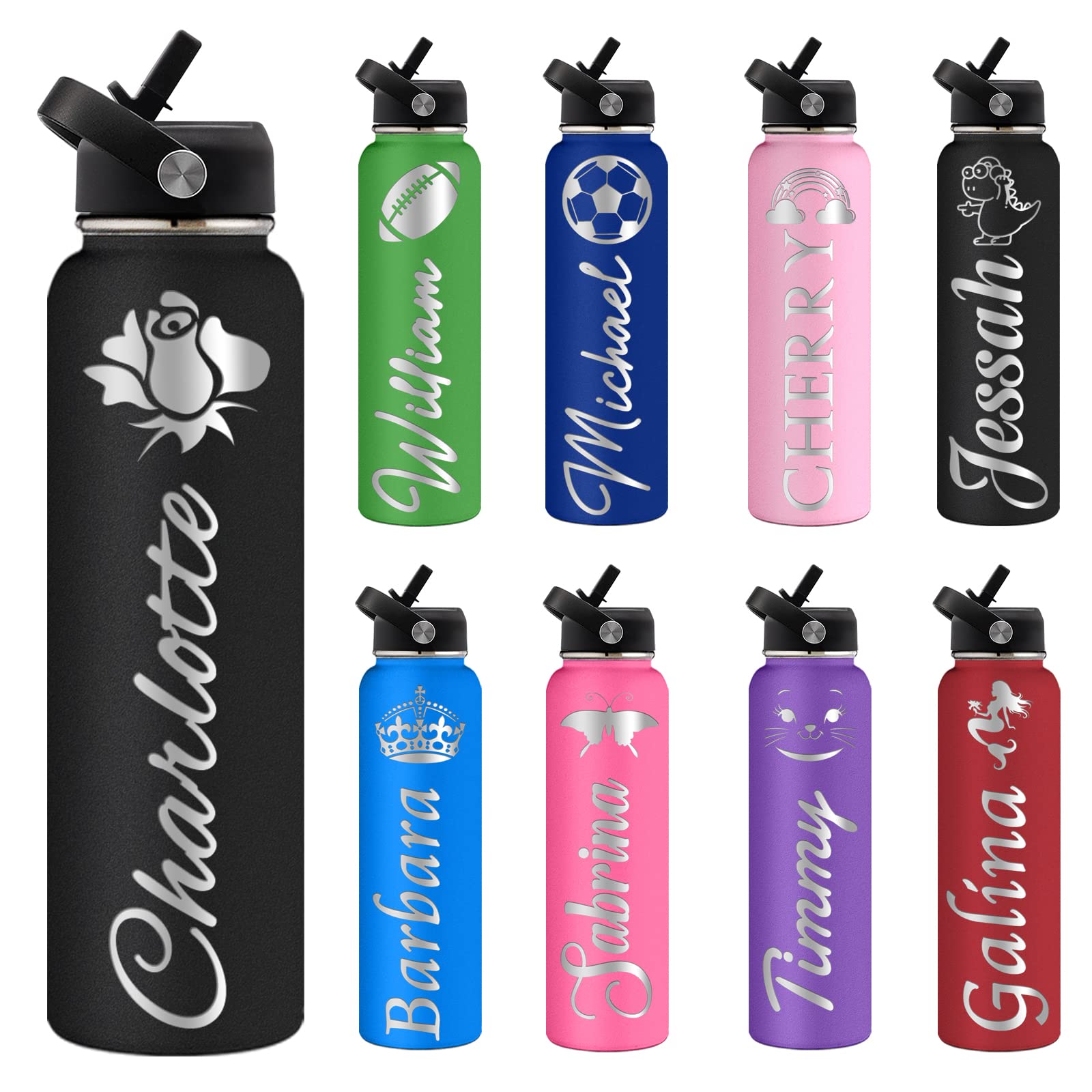 Custom Water Bottles Personalized with Straw Lid 24 oz Customized Stainless Steel Water Bottles with Engraved Names Double Wall Insulated for School Sports