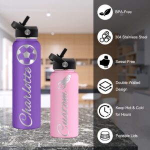 Custom Water Bottles Personalized with Straw Lid 24 oz Customized Stainless Steel Water Bottles with Engraved Names Double Wall Insulated for School Sports