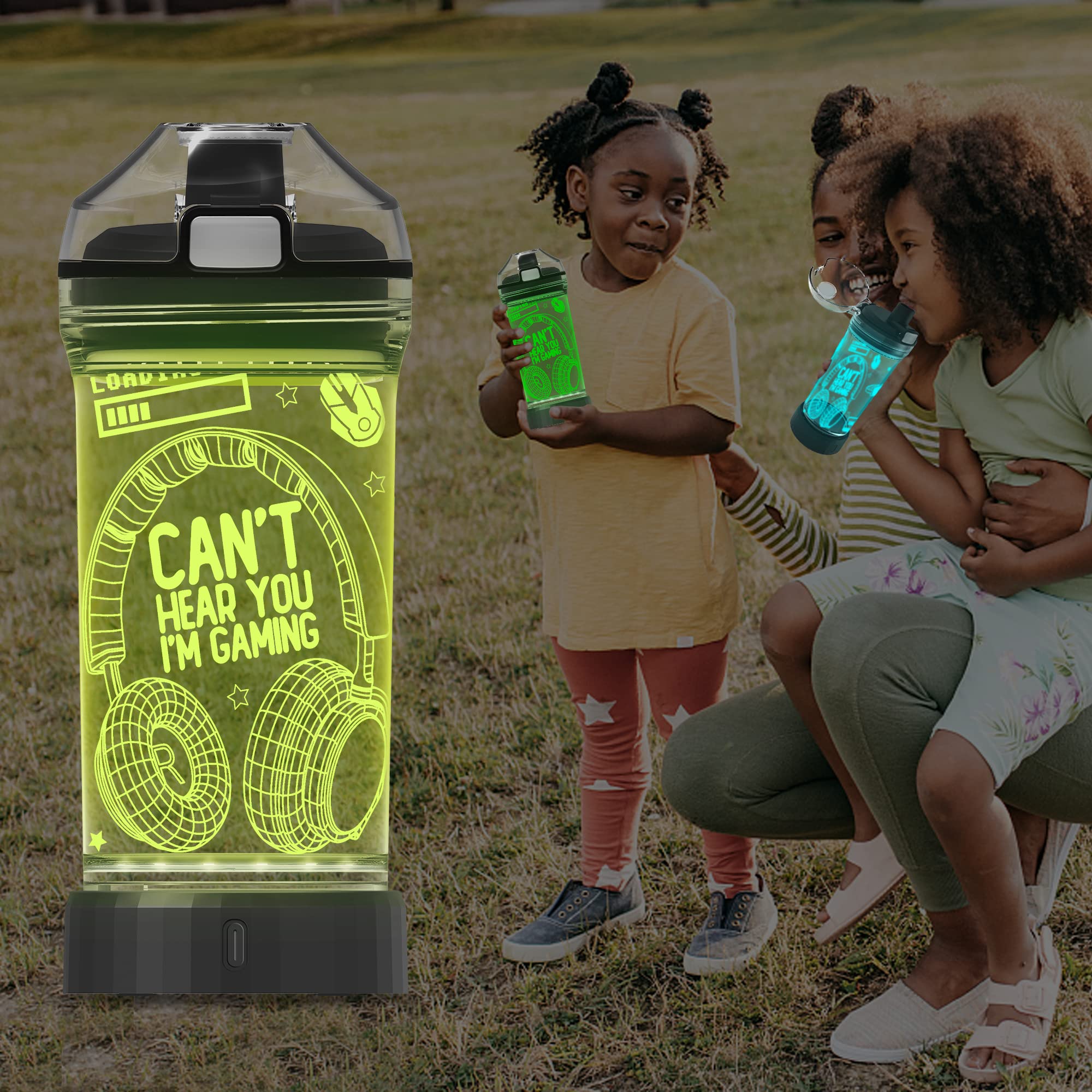 YuanDian Can't Hear You I'm Gaming Water Bottle, Headphone 7 Color Lights 3D Light up Drinking Cups Gifts for Gamers Boys, BPA Free & Leak Proof Flip Top Lid & Easy Clean & Carry Handle, 14oz/400ml