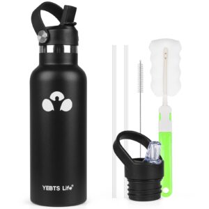 yebts life water bottle,vacuum insulated water bottles with 2 lids & 2 straws&brush,stainless steel water bottles keep hot and cold,leak proof,sports water bottle for hiking biking sport (18oz, black)