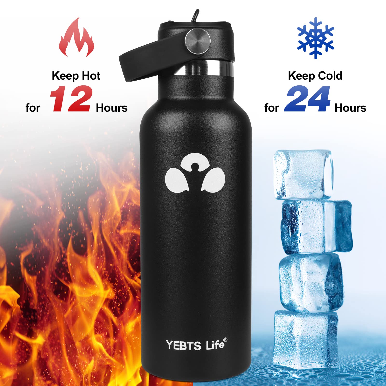 YEBTS LIFE Water Bottle,Vacuum Insulated Water Bottles with 2 Lids & 2 Straws&Brush,Stainless Steel Water Bottles Keep Hot and Cold,Leak Proof,Sports Water Bottle for Hiking Biking Sport (18oz, Black)