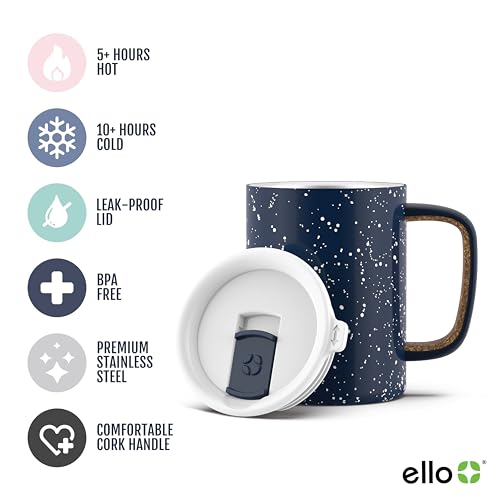 Ello Campy 11oz Stainless Steel Travel Mug with Handle and Leak-Proof Slider Lid, Reusable, Vacuum Insulated, Perfect for Coffee or Tea, Home, Gift, Travel, Office, BPA Free, Xavier Navy