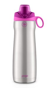 pogo vacuum insulated stainless steel water bottle with leak proof chug lid and silicone carry loop, fuchsia, 26 oz