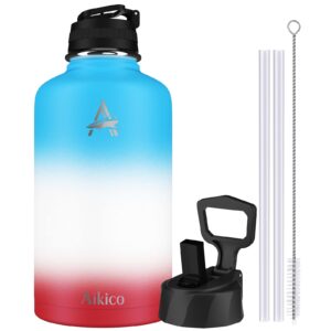64oz sports water bottle, aikico stainless steel water bottle with straw lid, double vacuum insulated thermos mug, reusable wide mouth flask thermos for hot and cold drinks(sorbet)