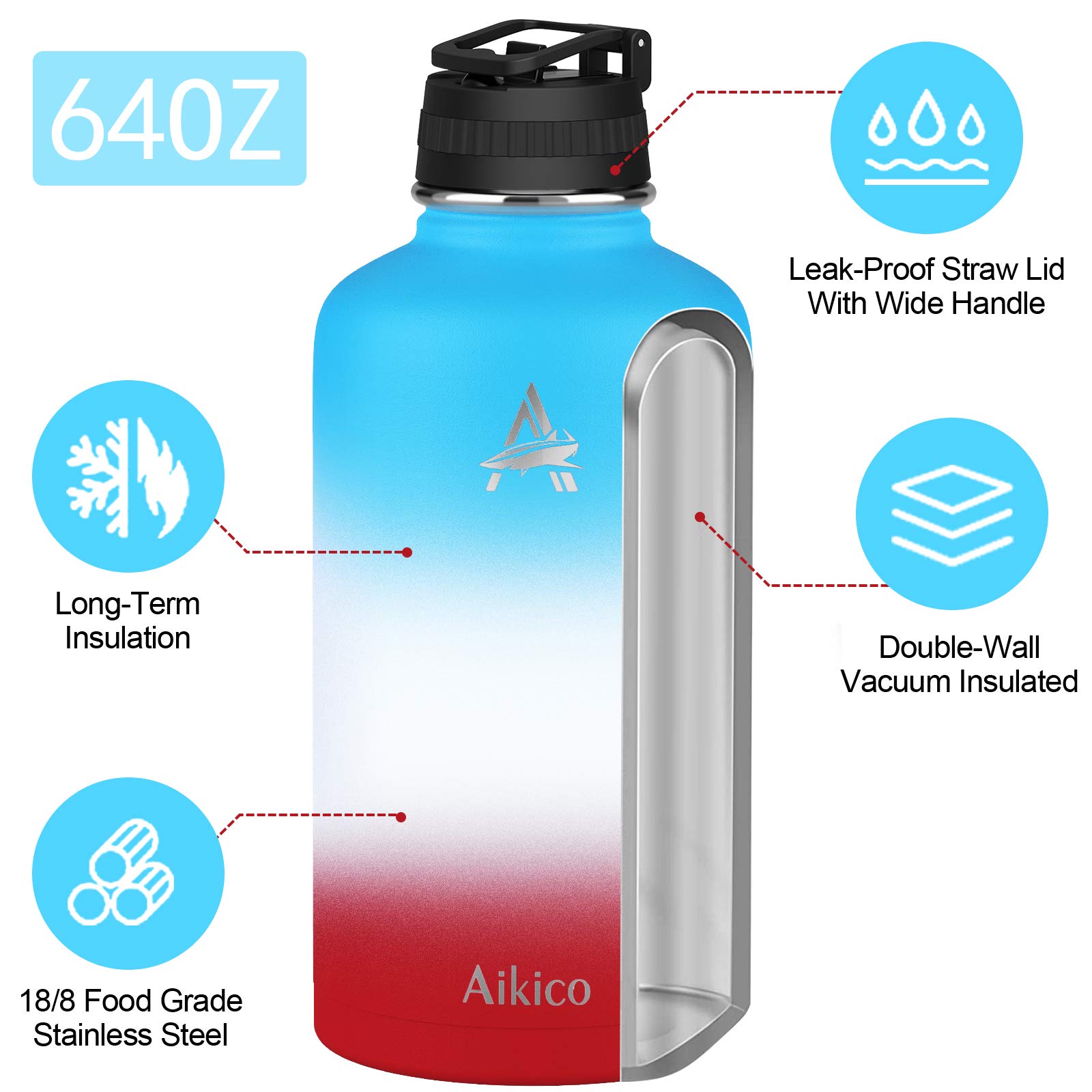 64oz Sports Water Bottle, Aikico Stainless Steel Water Bottle with Straw Lid, Double Vacuum Insulated Thermos Mug, Reusable Wide Mouth Flask Thermos for Hot and Cold Drinks(Sorbet)