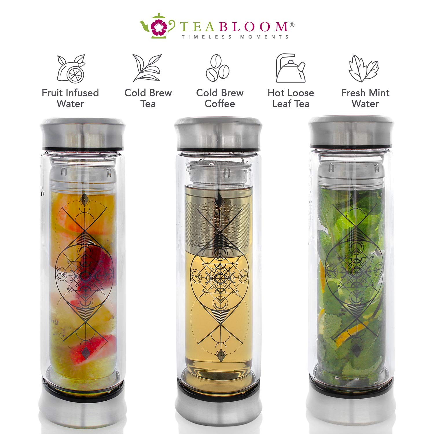 Teabloom All-Beverage Infusion Bottle – 14 oz / 400 ml – Double Wall Insulated Glass Travel Flask – Hot Tea & Cold Brew Coffee Thermos – Removable Sleeve