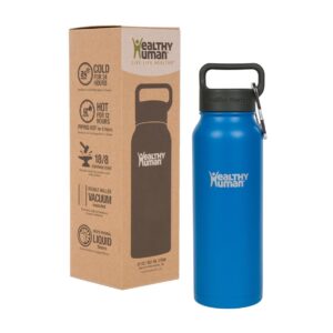healthy human stainless steel water bottle | double walled vacuum insulated water thermos for adults | eco-friendly travel bottles with leak proof lid (navy blue, 21 oz/ 621 ml)