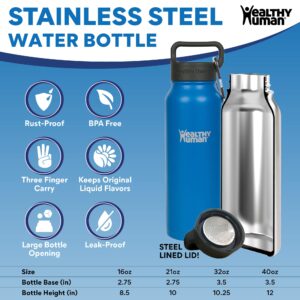 Healthy Human Stainless Steel Water Bottle | Double Walled Vacuum Insulated Water Thermos for Adults | Eco-Friendly Travel Bottles with Leak Proof Lid (Navy Blue, 21 oz/ 621 ML)