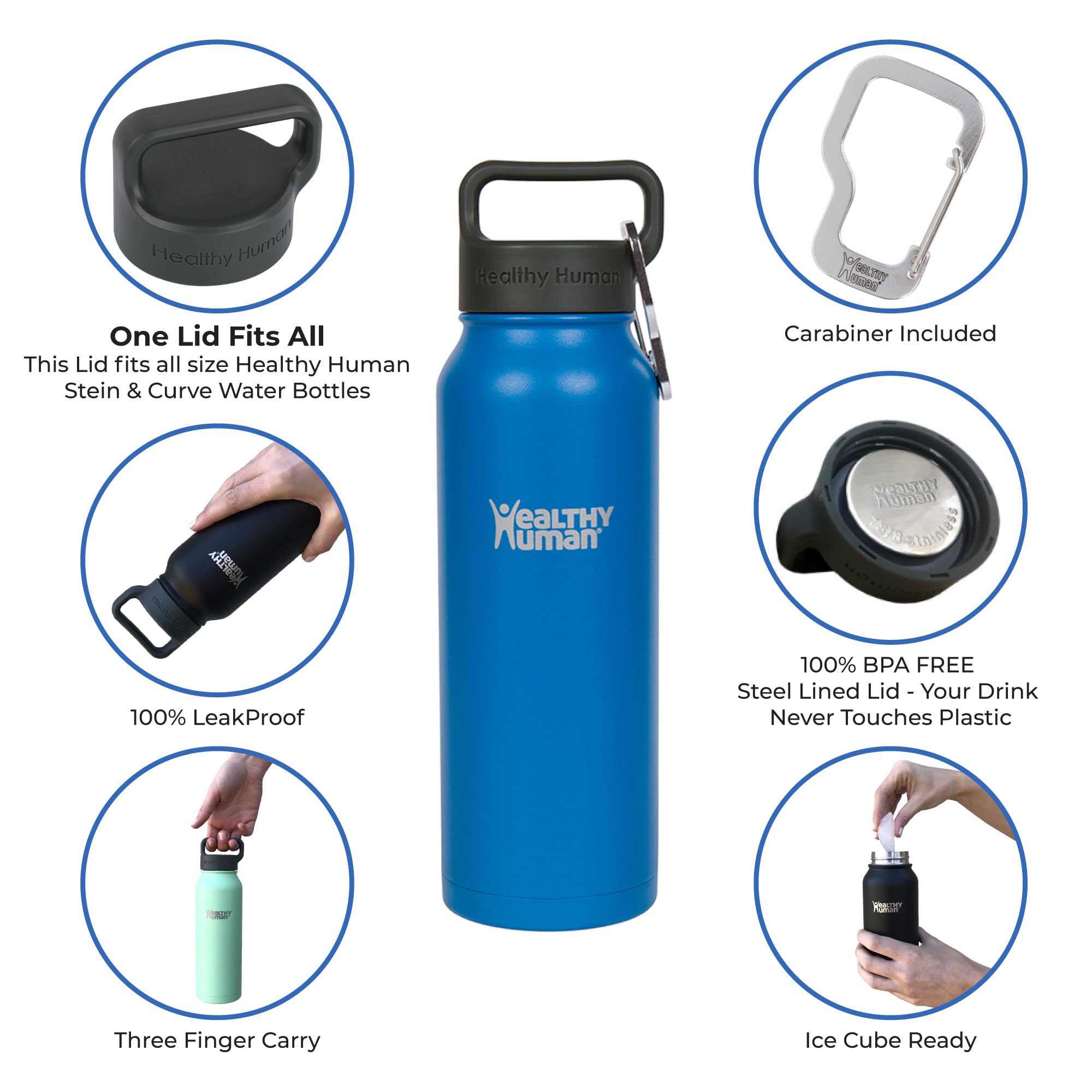 Healthy Human Stainless Steel Water Bottle | Double Walled Vacuum Insulated Water Thermos for Adults | Eco-Friendly Travel Bottles with Leak Proof Lid (Navy Blue, 21 oz/ 621 ML)