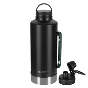 wapest vacuum insulated water bottle, wide mouth stainless steel coffee thermos for hot and cold drinks, insulated water jug with spout lid, flex cap and collapsible handle, black