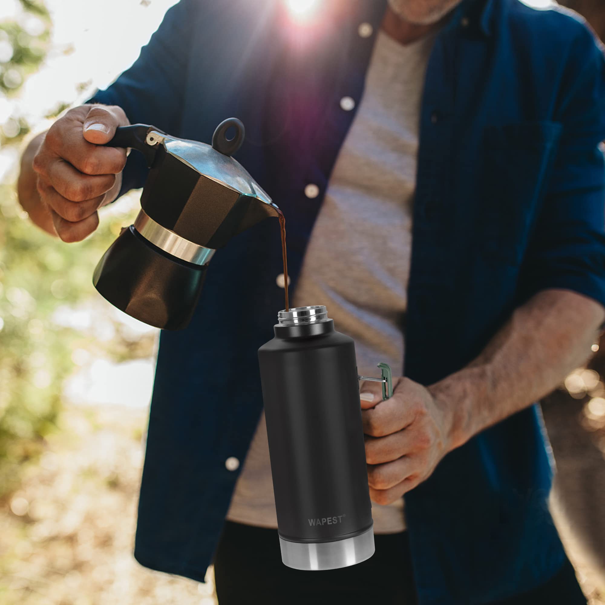 WAPEST Vacuum Insulated Water Bottle, Wide Mouth Stainless Steel Coffee Thermos for hot and cold drinks, Insulated Water jug with Spout Lid, Flex Cap and collapsible handle, Black