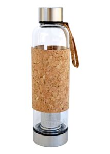 the tea spot, urban tea tumbler, borosilicate glass tea bottle with stainless steel tea infuser, insulated natural cork sleeve, 16 oz