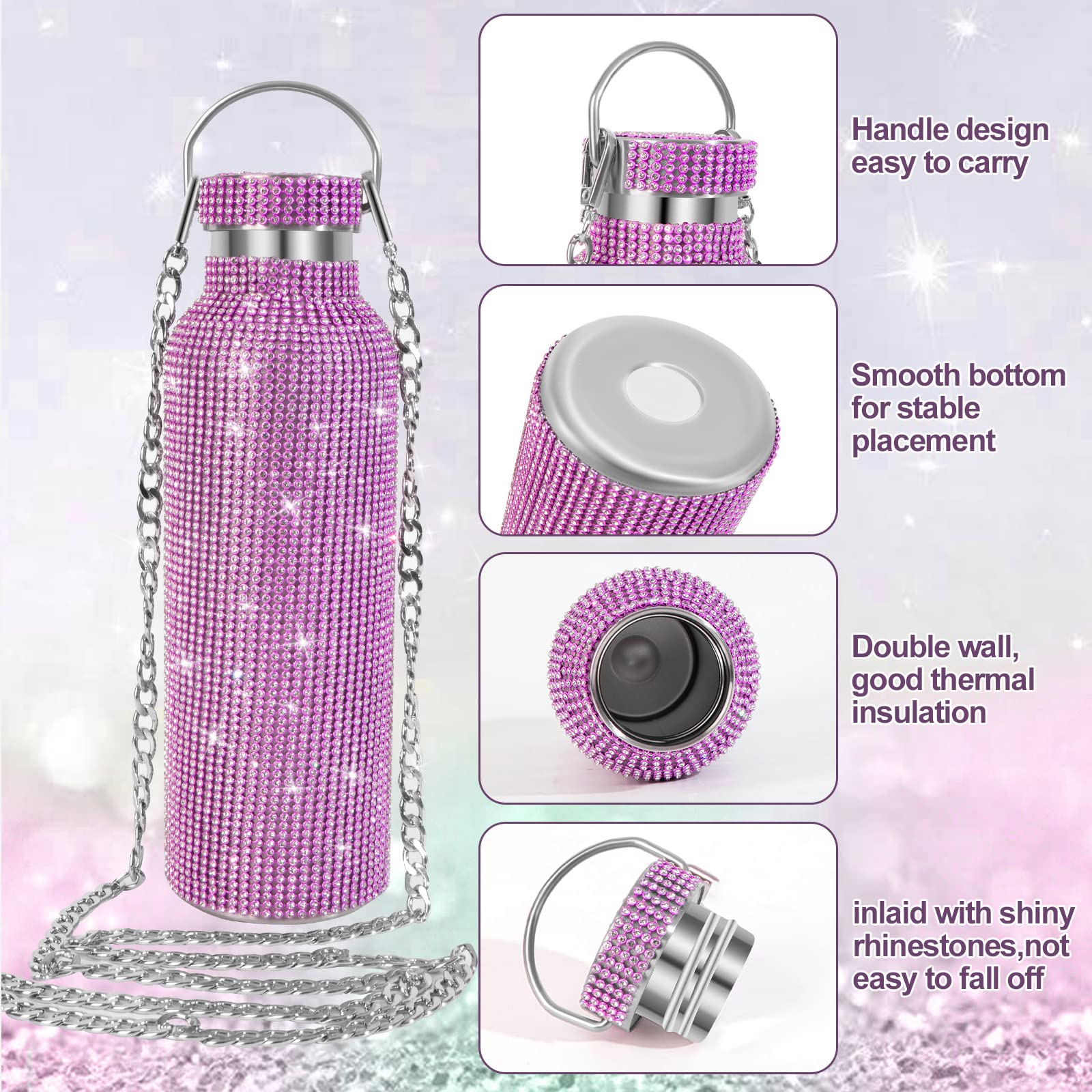 INSTOME Sparkling Diamond Water Bottle,17oz Bling Water Bottle with Chain,Bling Water Bottle Rhinestone,Rhinestone Glitter Water Bottle for Women Girl