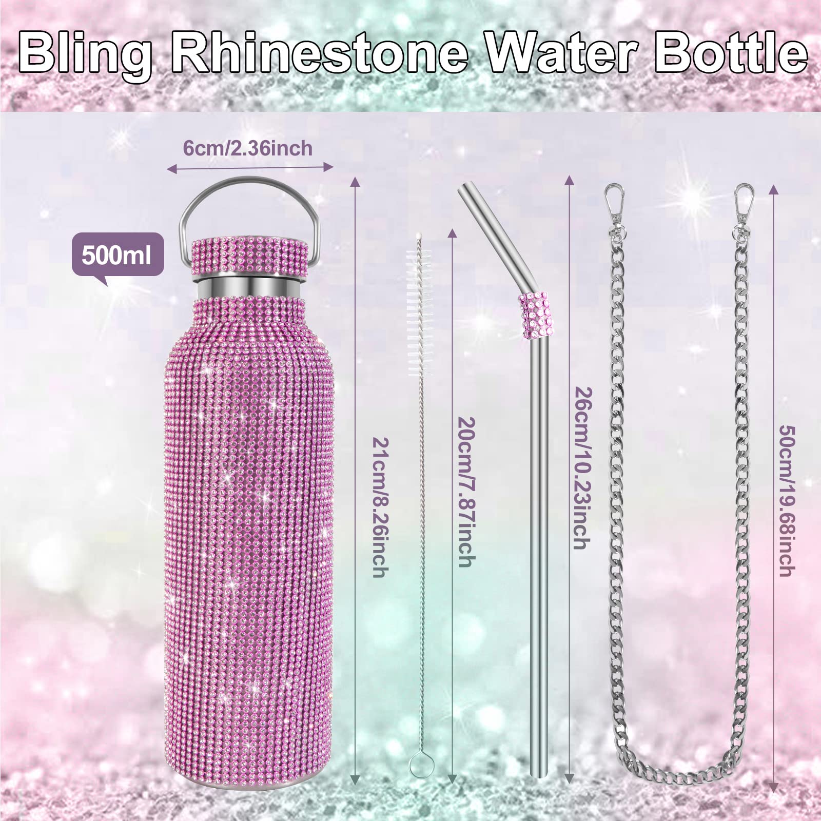 INSTOME Sparkling Diamond Water Bottle,17oz Bling Water Bottle with Chain,Bling Water Bottle Rhinestone,Rhinestone Glitter Water Bottle for Women Girl
