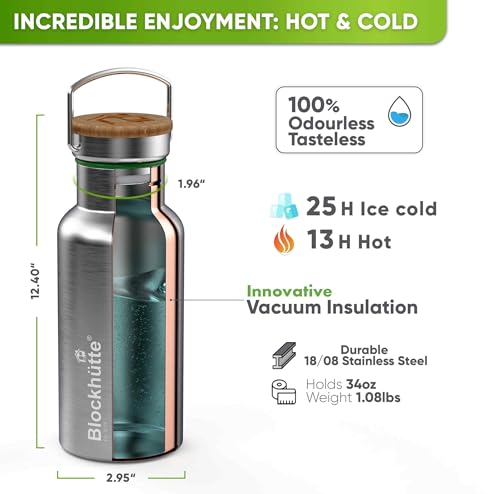 Blockhuette Vacuum Insulated Stainless Steel Water Bottle I 34 oz I Wide Mouth Insulated Metal Bottle for Cold Drinks I BPA-Free I Perfect for Travel, School, Kids, Adults, Water Canteen