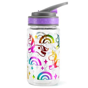 home tune 15oz kids water drinking bottle - tritan bpa free, wide mouth, flip sip top, easy open, lightweight, leak-proof water bottle with cute foil print design for girls & boys - unicorn