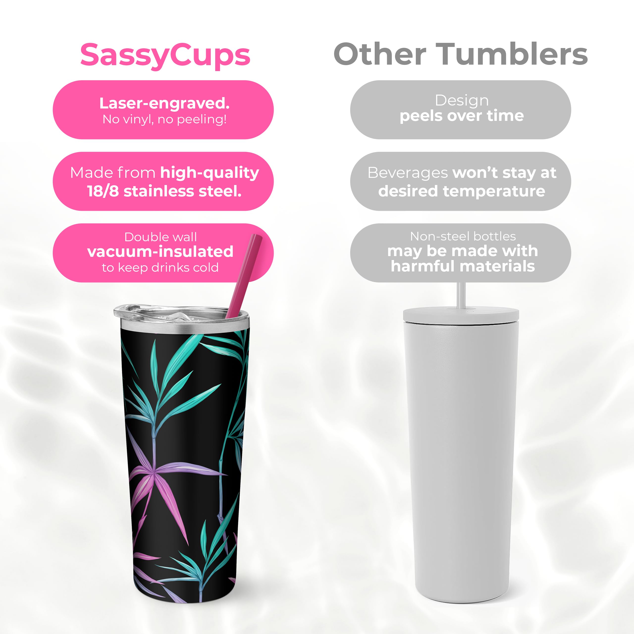 SassyCups Tropical Print Vacuum Insulated Stainless Steel Skinny Tumbler with Straw - Travel Gift, Christmas Gift, Tropical Palm Tree Themed Water Bottle, Travel Mug - Gift for Vacation, Adventure