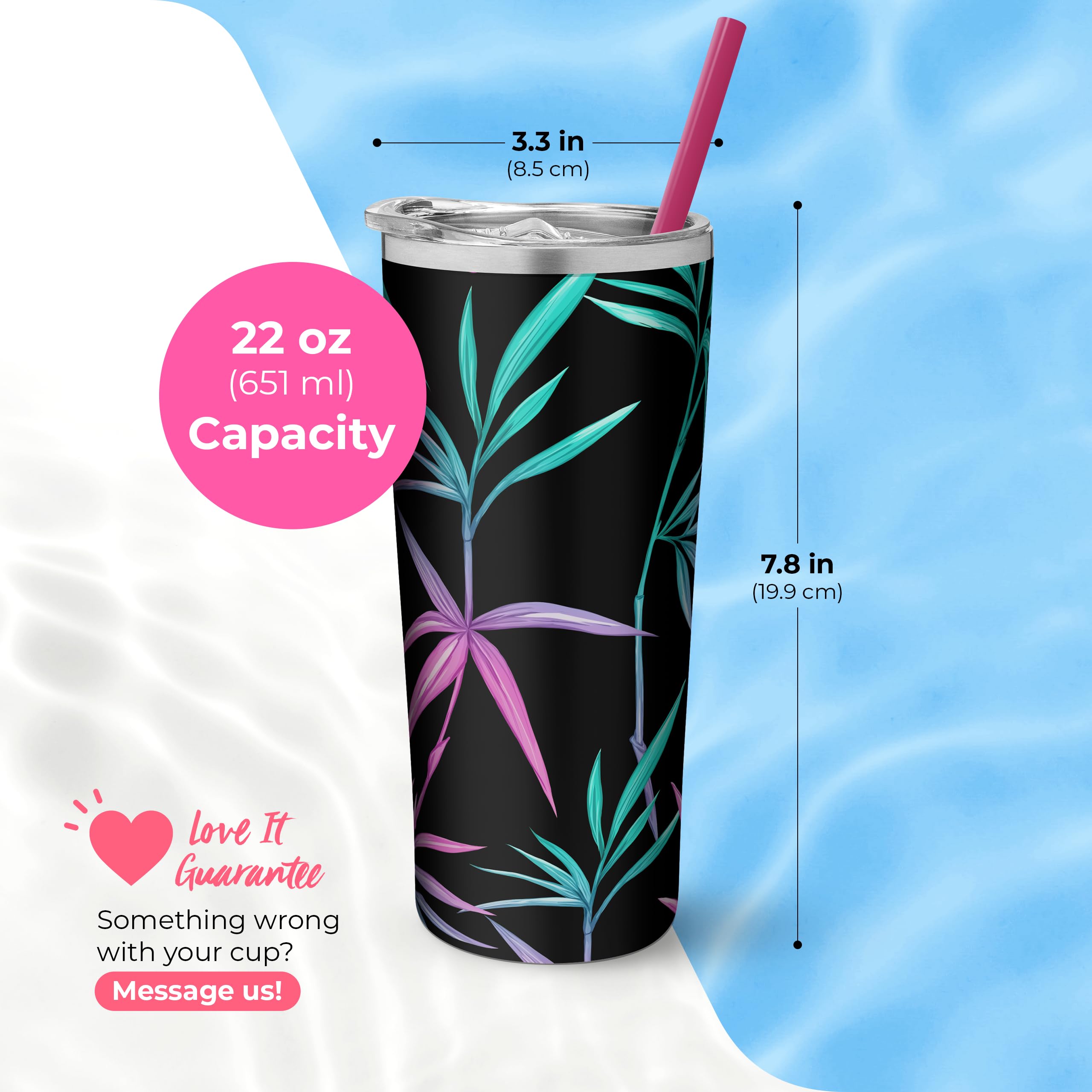 SassyCups Tropical Print Vacuum Insulated Stainless Steel Skinny Tumbler with Straw - Travel Gift, Christmas Gift, Tropical Palm Tree Themed Water Bottle, Travel Mug - Gift for Vacation, Adventure