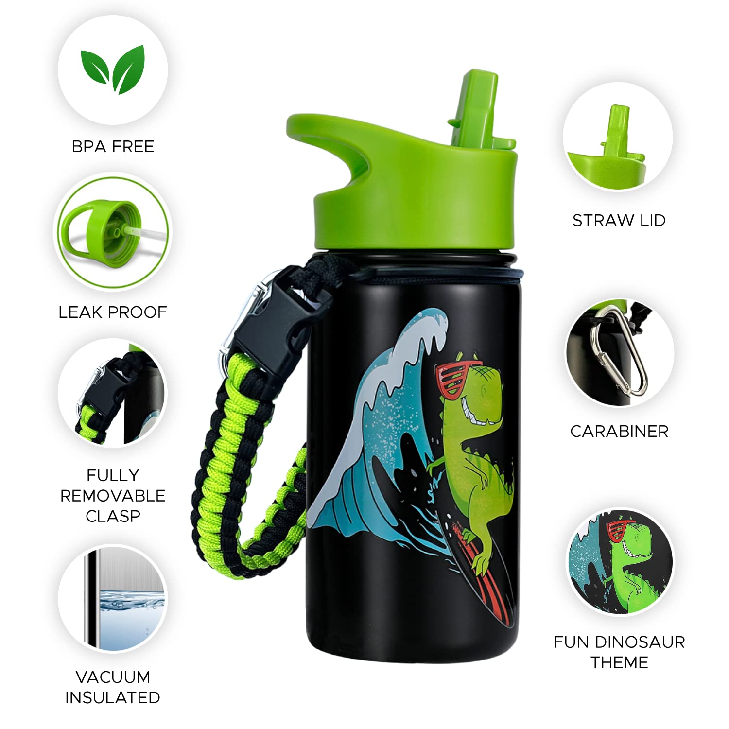 Dinosaur Water Bottle, 14 OZ, Leak Proof, 36 Hours Cold, Dishwasher Safe Lid, Removable Handle, Wide Mouth Double Wall Vacuum Insulated Stainless Steel Water Bottle For School, Straw, Bottle For Boys