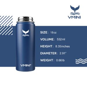 Vmini Water Bottle with Straw, Kids Water Bottle with Wide Rotating Handle Straw Lid, Wide Mouth Vacuum Insulated Stainless Steel Water Bottle, Blue, 18 oz