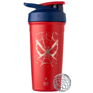 blenderbottle marvel strada shaker cup insulated stainless steel water bottle with wire whisk, 24-ounce, spiderman web