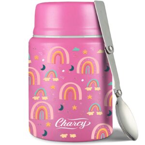 charcy 17oz kids thermo for hot food - soup thermo with folding spoon - insulated food jar for hot & cold food - pink rainbow