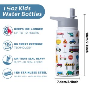 Boelia 15 oz Car Water Bottle Kids For School Preschool Car Bus Insulated Cups Birthday Gifts For Boys Stainless Steel Water Bottles Christmas Gifts For Son Daughter