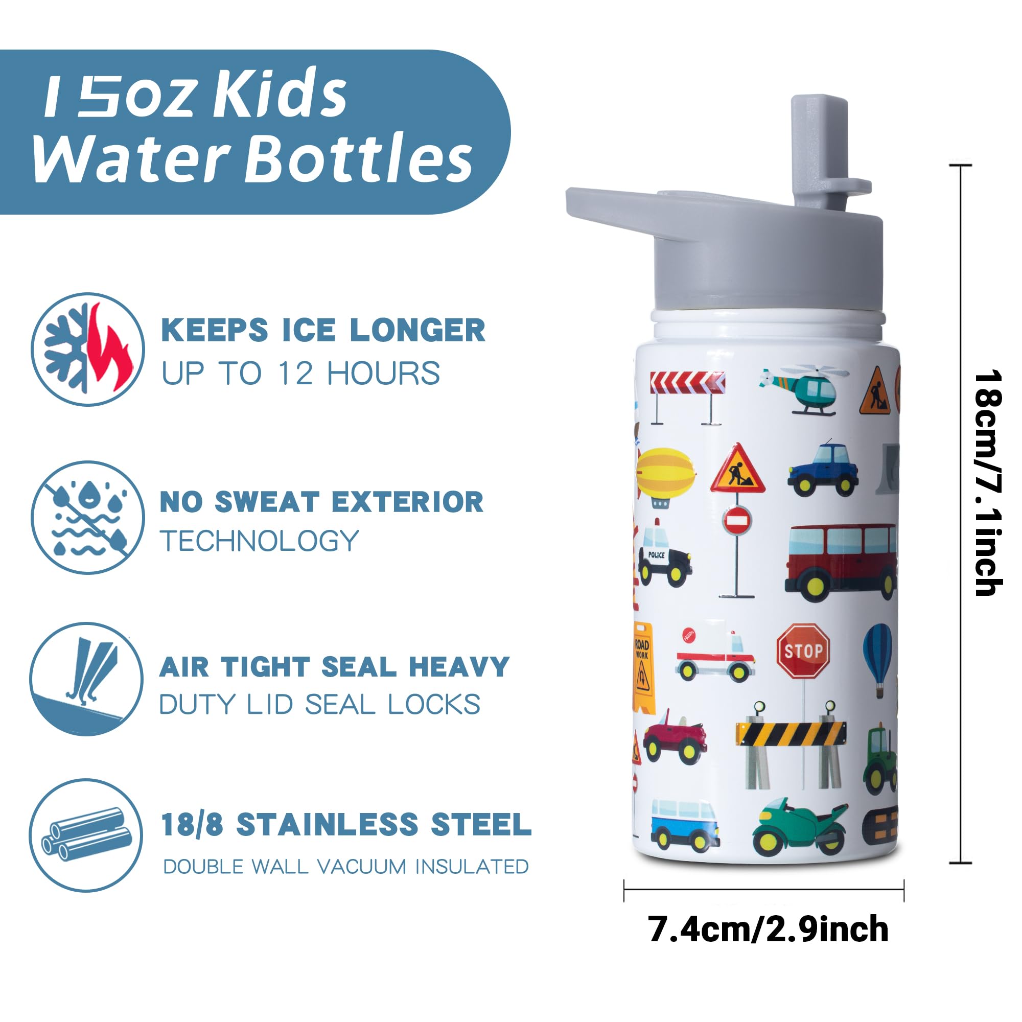 Boelia 15 oz Car Water Bottle Kids For School Preschool Car Bus Insulated Cups Birthday Gifts For Boys Stainless Steel Water Bottles Christmas Gifts For Son Daughter