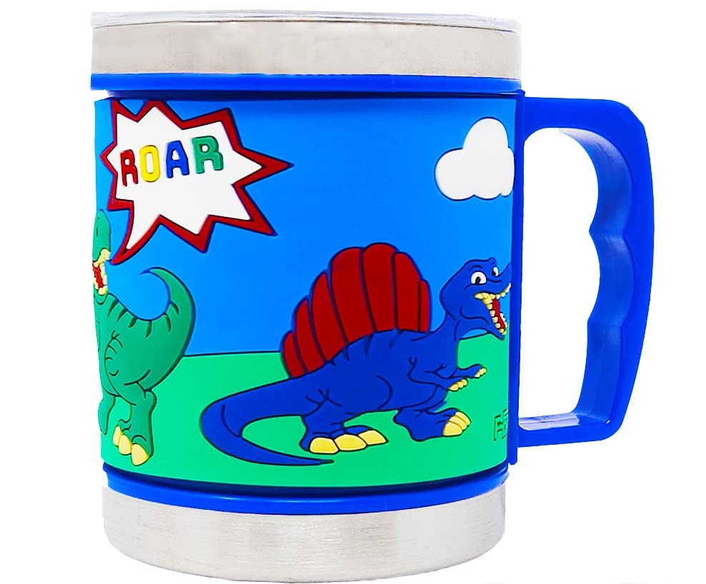 F-32 12 Oz Kids Stainless Steel Mug With Slider Closure Lid - Eco-Friendly - BPA Free Signature Collection (Dinosaur Blue)