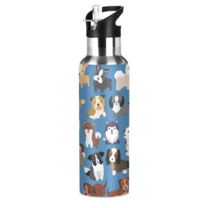 puppy dog blue water bottle with straw lid thermos kids insulated stainless steel water flask sports, 20 oz hot cold