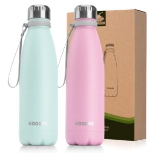 koodee insulated water bottle 2 pack-17 oz stainless steel double wall vacuum insulated water bottle, cola shape leak proof sports flask (baby blue-purple pink)