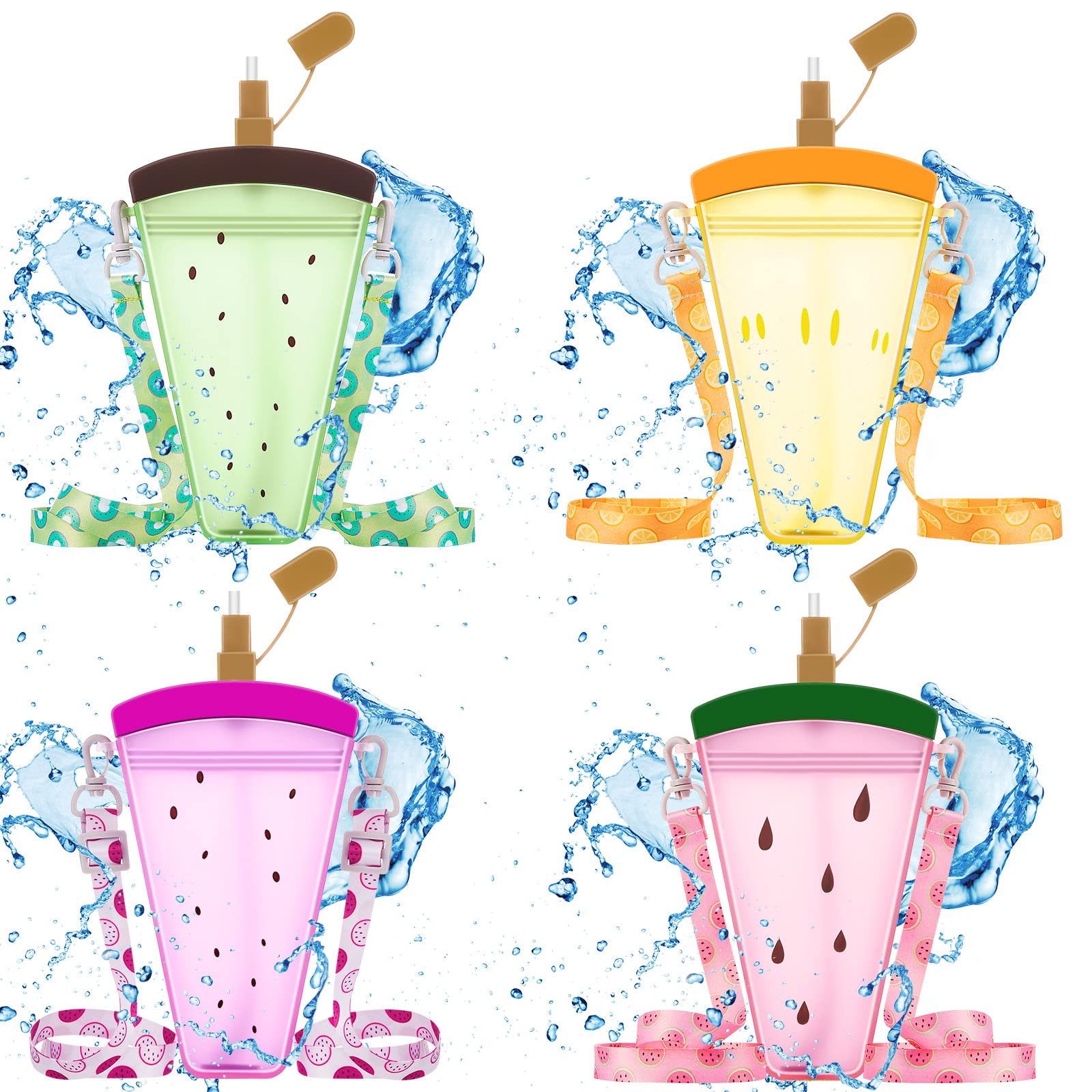 4 Pieces Cute Ice Cream Water Bottles with Strap Kawaii Camera Shaped Drinking Purse Ice Bar Transparent Jug Cup for Camping Sports Shopping Kids(Chic Style)