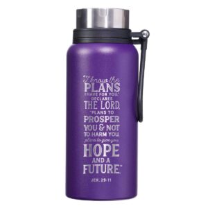 christian art gifts hope and a future jeremiah 29:11 laser engraved purple stainless steel double wall vacuum insulated water bottle w/carry handle strap lid for women, all day hot/cold, 32 oz.