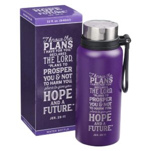 Christian Art Gifts Hope and A Future Jeremiah 29:11 Laser Engraved Purple Stainless Steel Double Wall Vacuum Insulated Water Bottle w/Carry Handle Strap Lid for Women, All Day Hot/Cold, 32 oz.