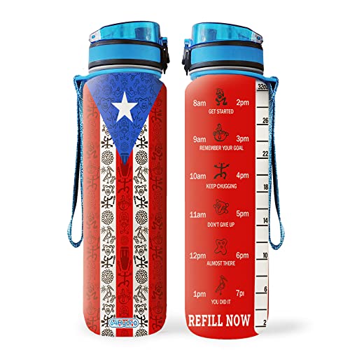 64HYDRO 32oz 1Liter Motivational Water Bottle with Time Marker, Puerto Rico Inspiration Motivation - HLZ1401005Z