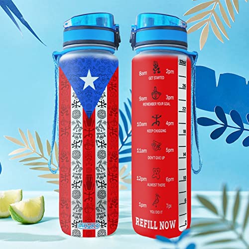 64HYDRO 32oz 1Liter Motivational Water Bottle with Time Marker, Puerto Rico Inspiration Motivation - HLZ1401005Z