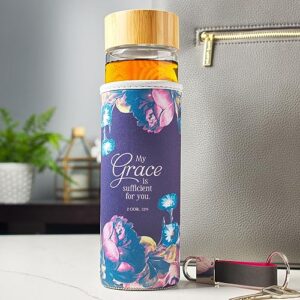 Christian Art Gifts Reusable Glass Water Bottle with Bamboo Twist Cap Lid and Insulating Sleeve 17 oz. Water Bottle for Travel and Cold Beverages - My Grace is Sufficient for You - 2 Corinthians 12:9