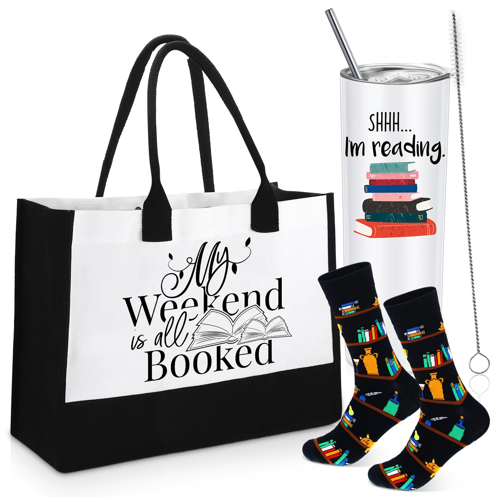 Set of 3 Book Lovers Gifts 20 oz Stainless Steel Insulated Travel Tumbler Library School Canvas Bag Cute Tote Bag Novelty Socks for Women Teacher Students Girls Birthday Book Club Librarians Reader