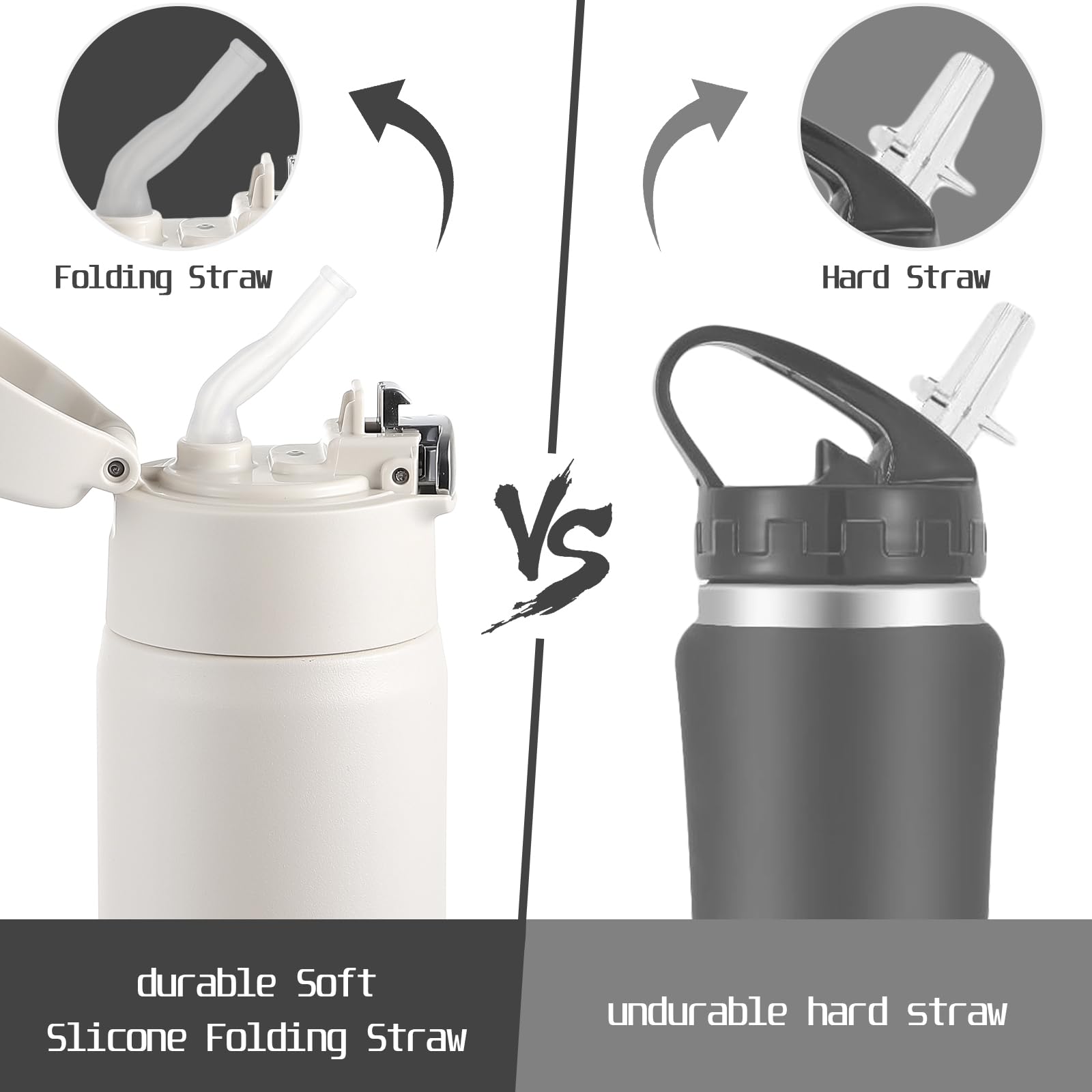 TSURUYA Insulated Water Bottle with Straw, Flip-up Stainless Steel Leakproof BPA-Free 18oz Thermos with Straw