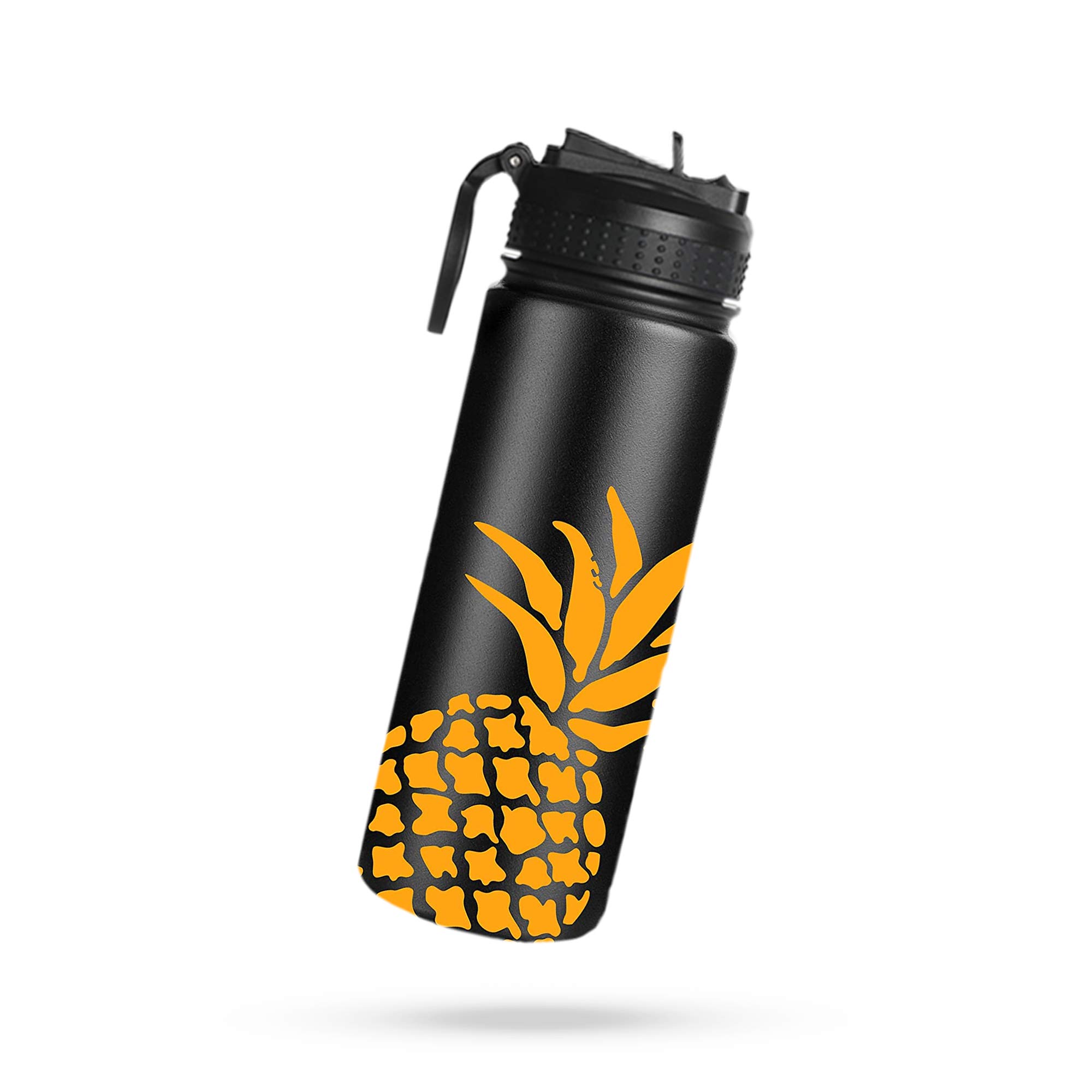 Life's Easy Stainless Steel Insulated Water Bottle - Sports Water Bottle w/Loop Handle Bionic Silicone Straw Lid - Vacuum Flask for Hot & Cold Drinks - Great for School & More (Pineapple Black,18 oz)