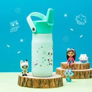 Zak Designs Harmony Gabby's Dollhouse Kid Water Bottle for Travel, 14oz Recycled Stainless Steel, Leak-Proof When Closed and Vacuum Insulated (Pandy Paws, Cakey Cat, Mercat, Kitty Fairy)